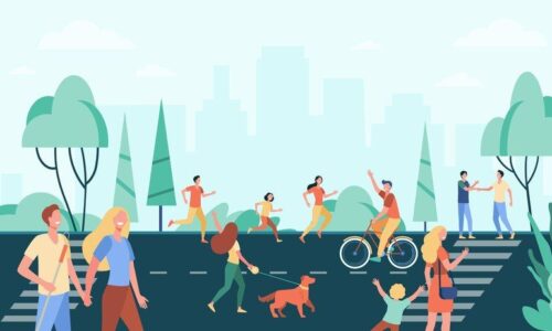 dessin de la circulation dans la ville (vélo, pied) et personnes qui se saluent mutuellement